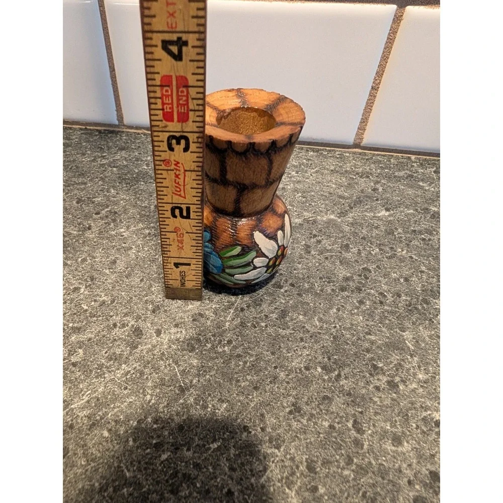 Hand‎ Carved Wooden Bud Vase Folk Art Hand Painted Flowers SIGNED